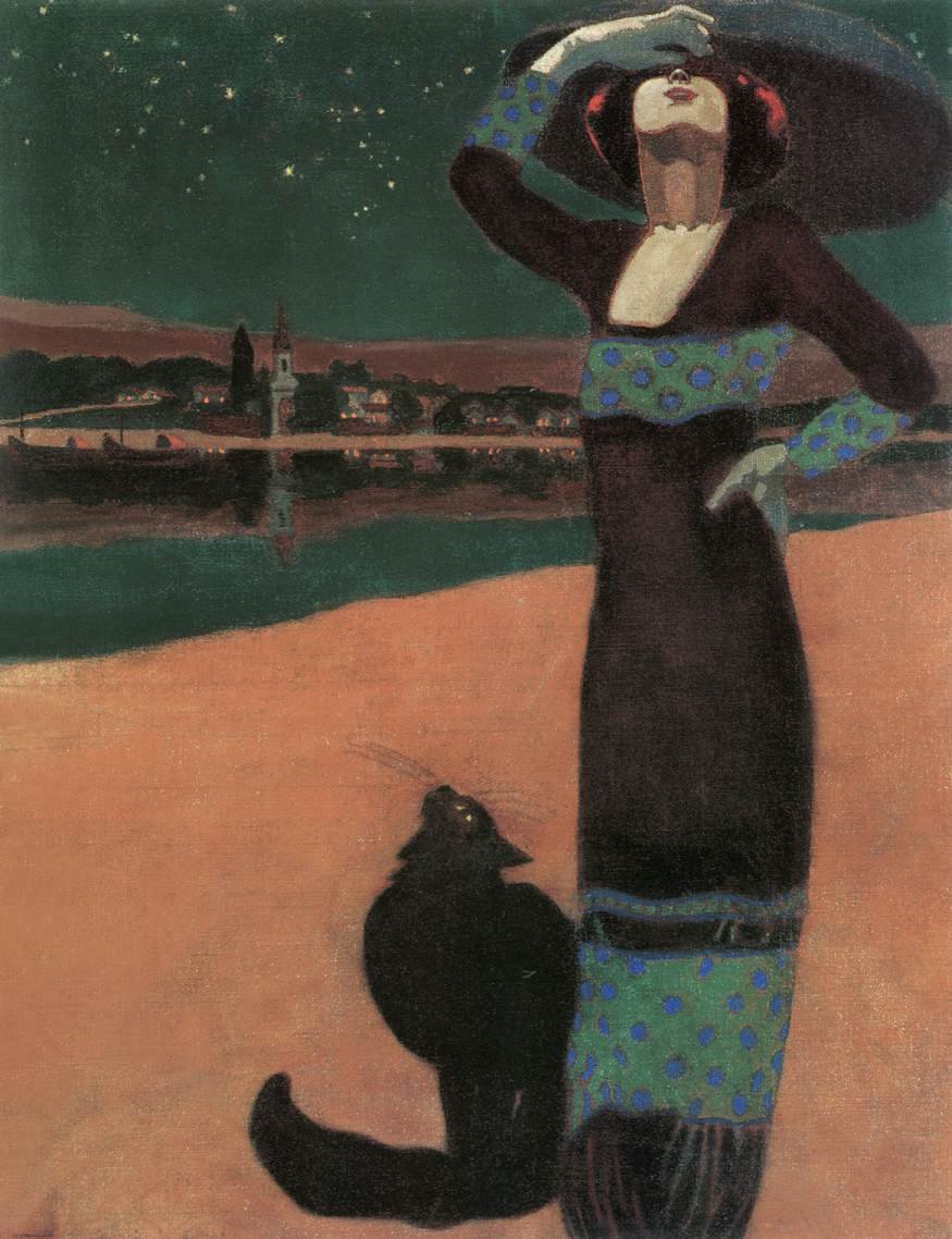 Schlanke Frau mit einer Katze von Geza Farago