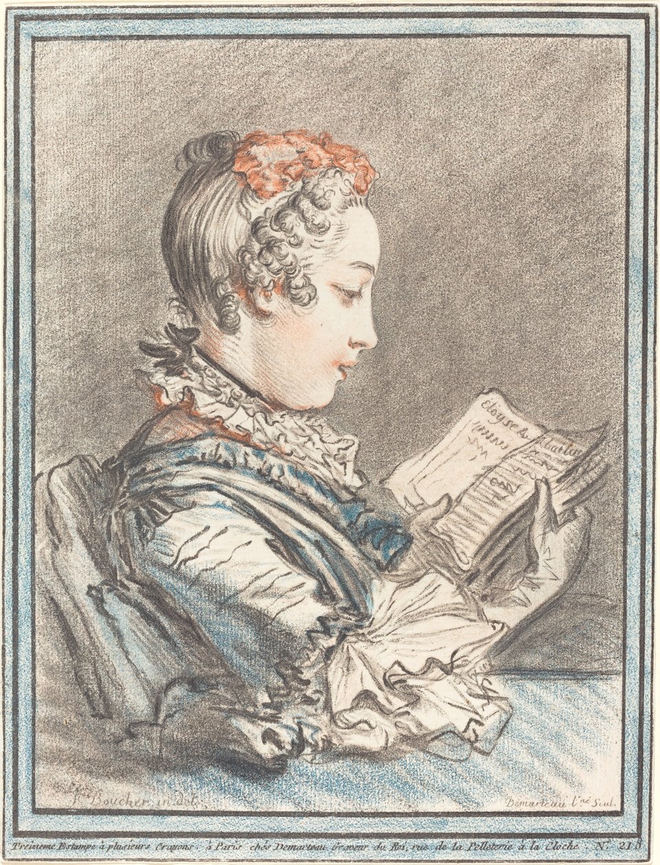 Junges Mädchen liest Héloise und Abélard, 1770 von Gilles Demarteau