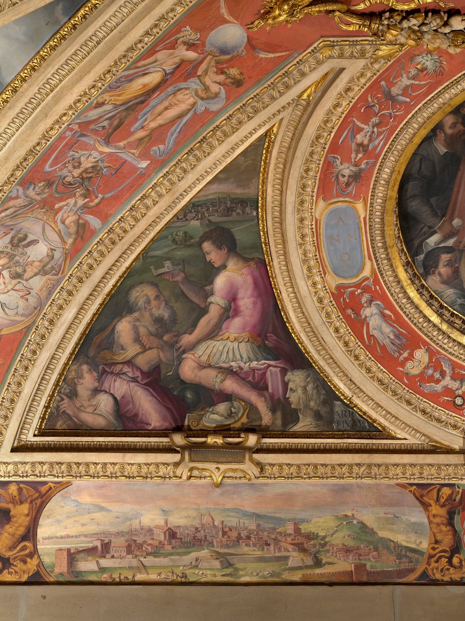 Allegorie von Arezzo; unten Ansicht von Florenz von Giorgio Vasari