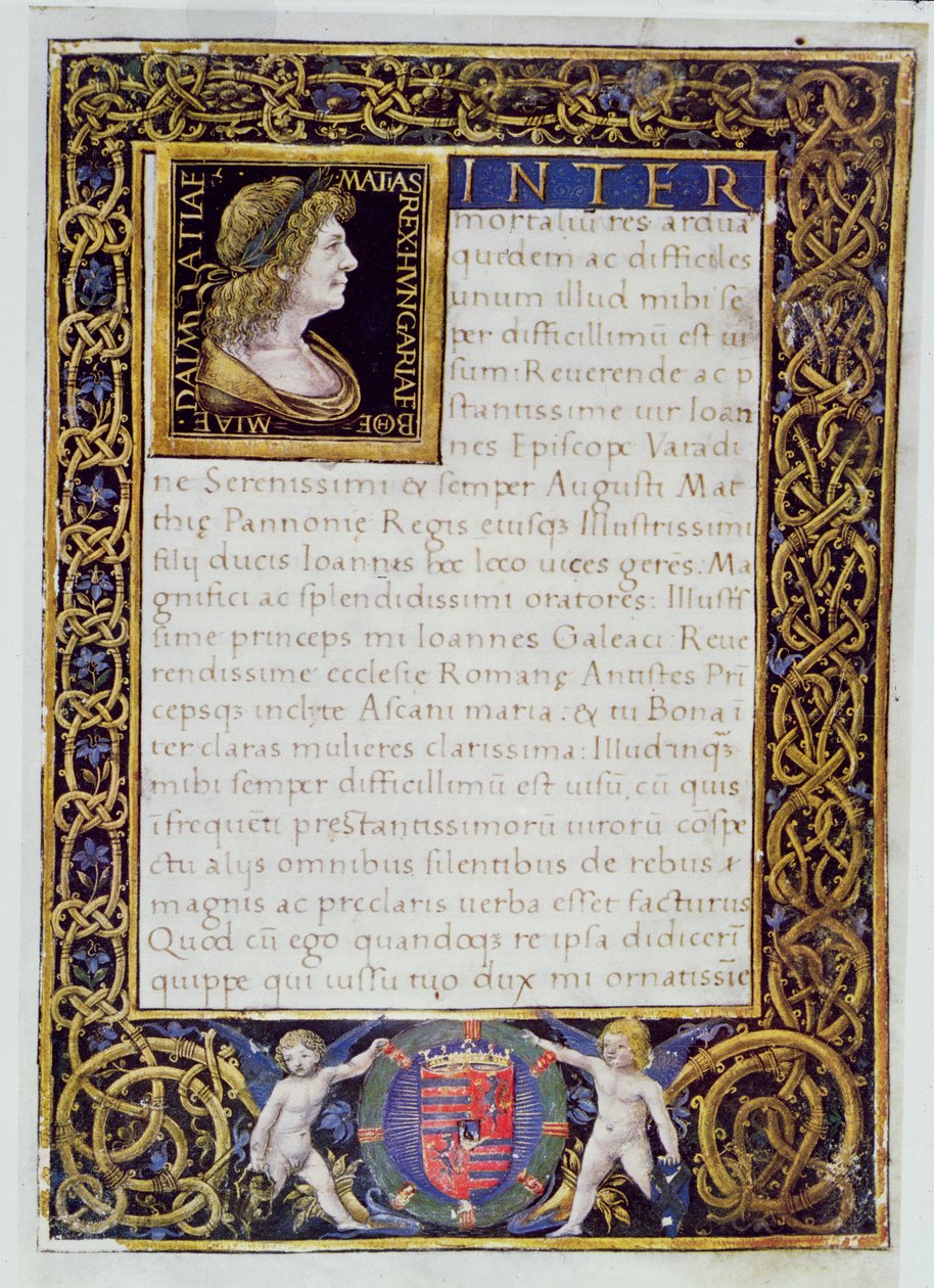 Seite aus einem Kodex mit einem Porträt von Matthias I. (1440-90) Corvinus von Giovanni Ambrogio de Predis