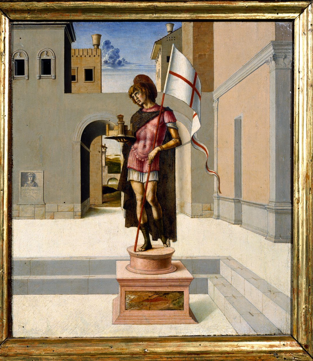 Der Heilige Georg als polychrome Statue auf einem Stadtplatz, Predella (Tafel) von Giovanni Bellini