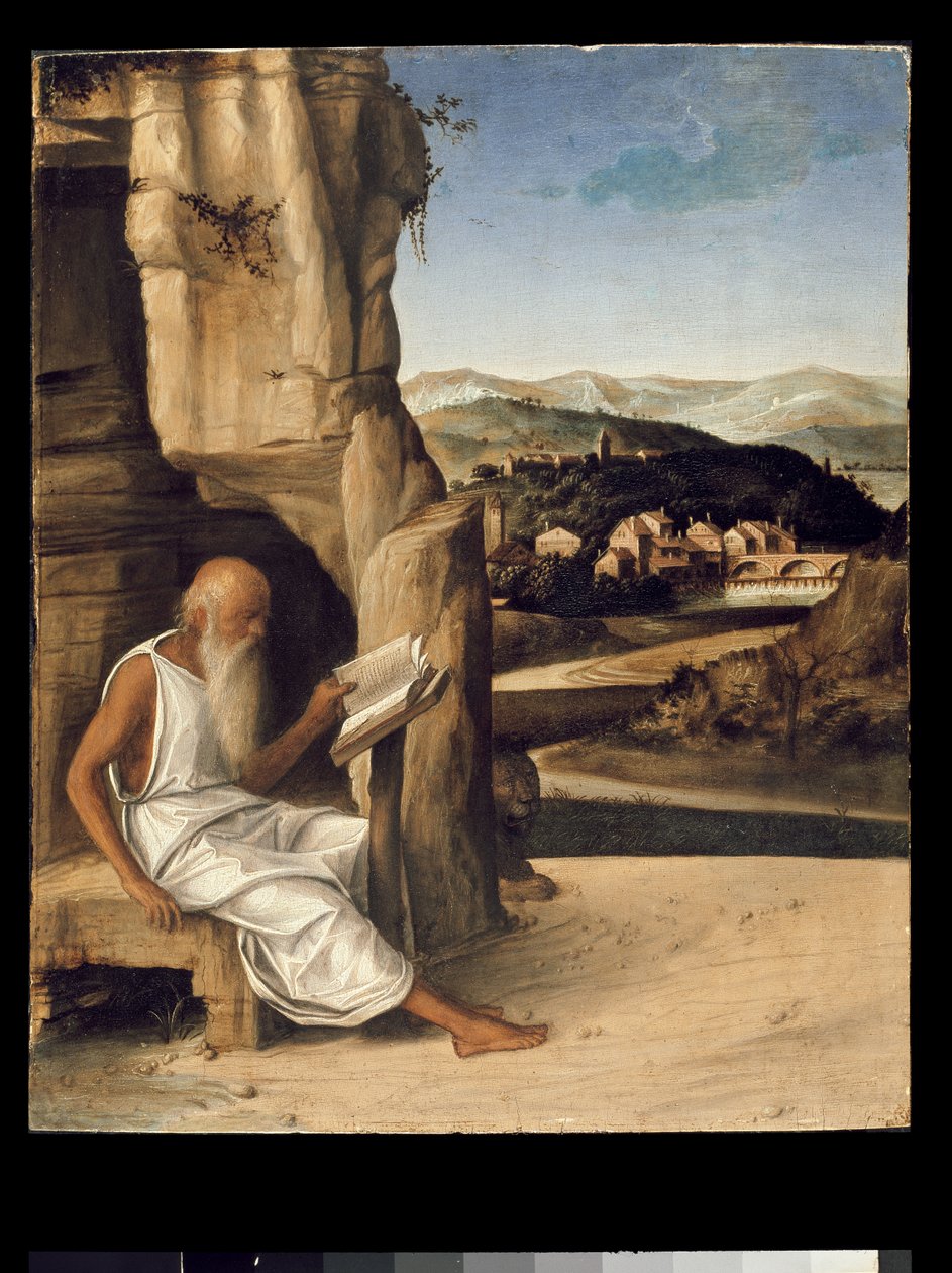 Der heilige Hieronymus liest in einer Landschaft von Giovanni Bellini