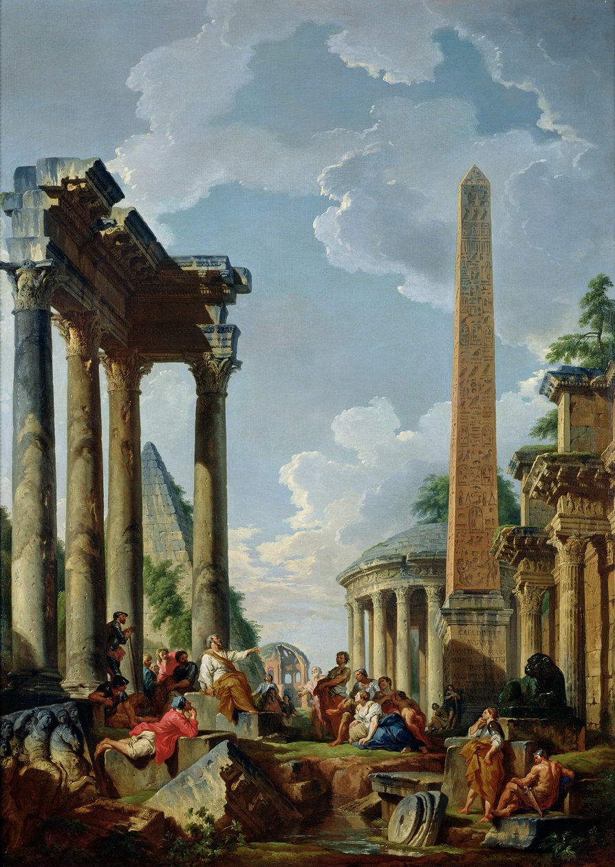 Architektonische Capriccio mit einem Prediger in den Ruinen, ca. 1745 von Giovanni Paolo Pannini