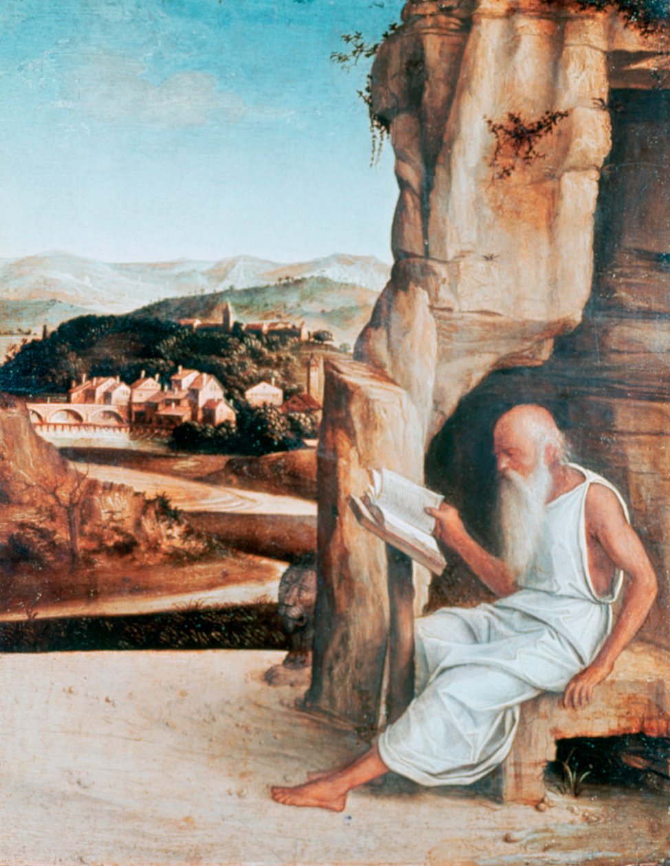 Der heilige Hieronymus liest in einer Landschaft von Giovanni Bellini