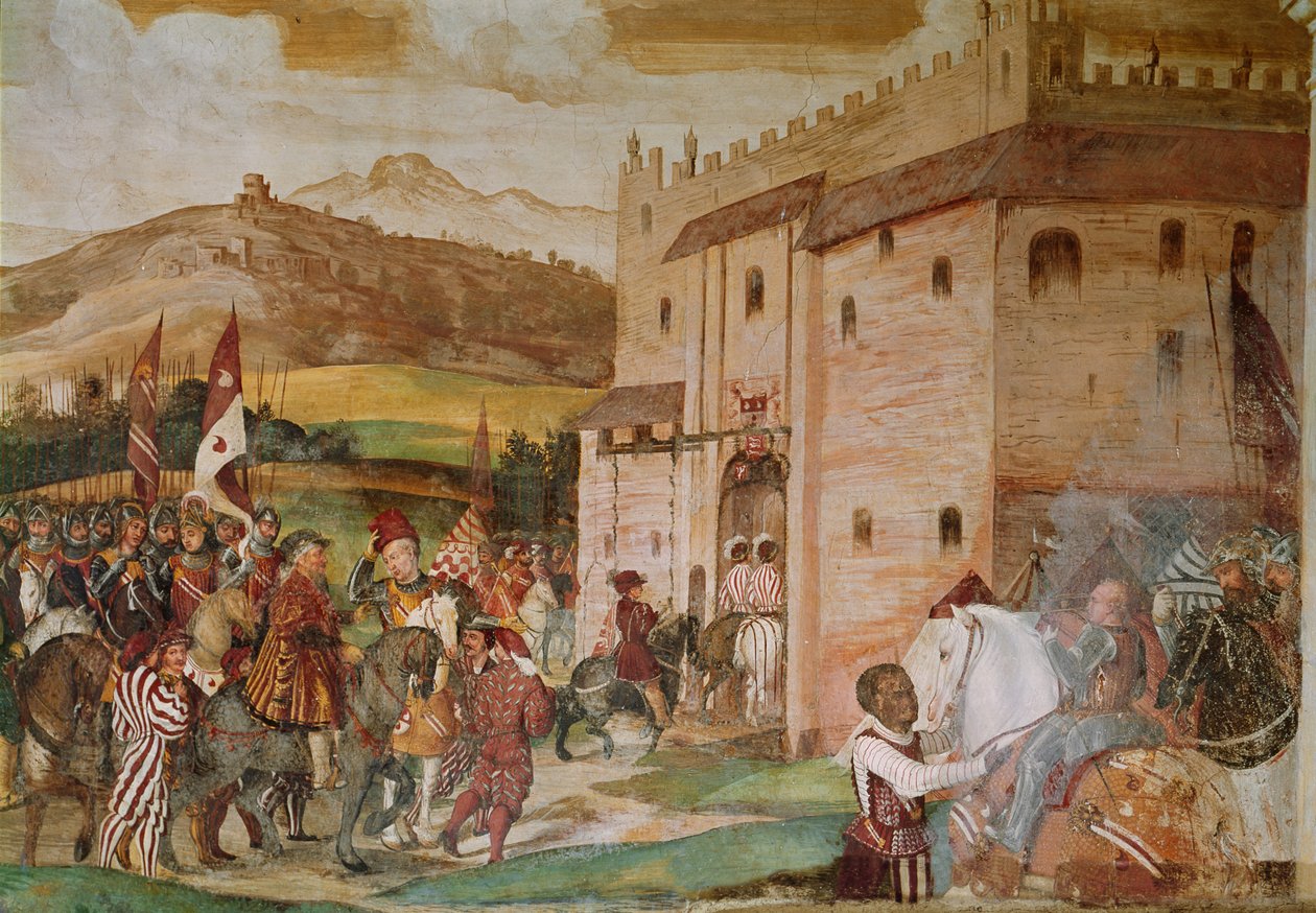 Empfang von König Christian I. von Dänemark durch den Condottiere Bartolomeo Colleoni auf der Burg von Malpaga im Jahr 1474, 1520-30 von Girolamo Romanino