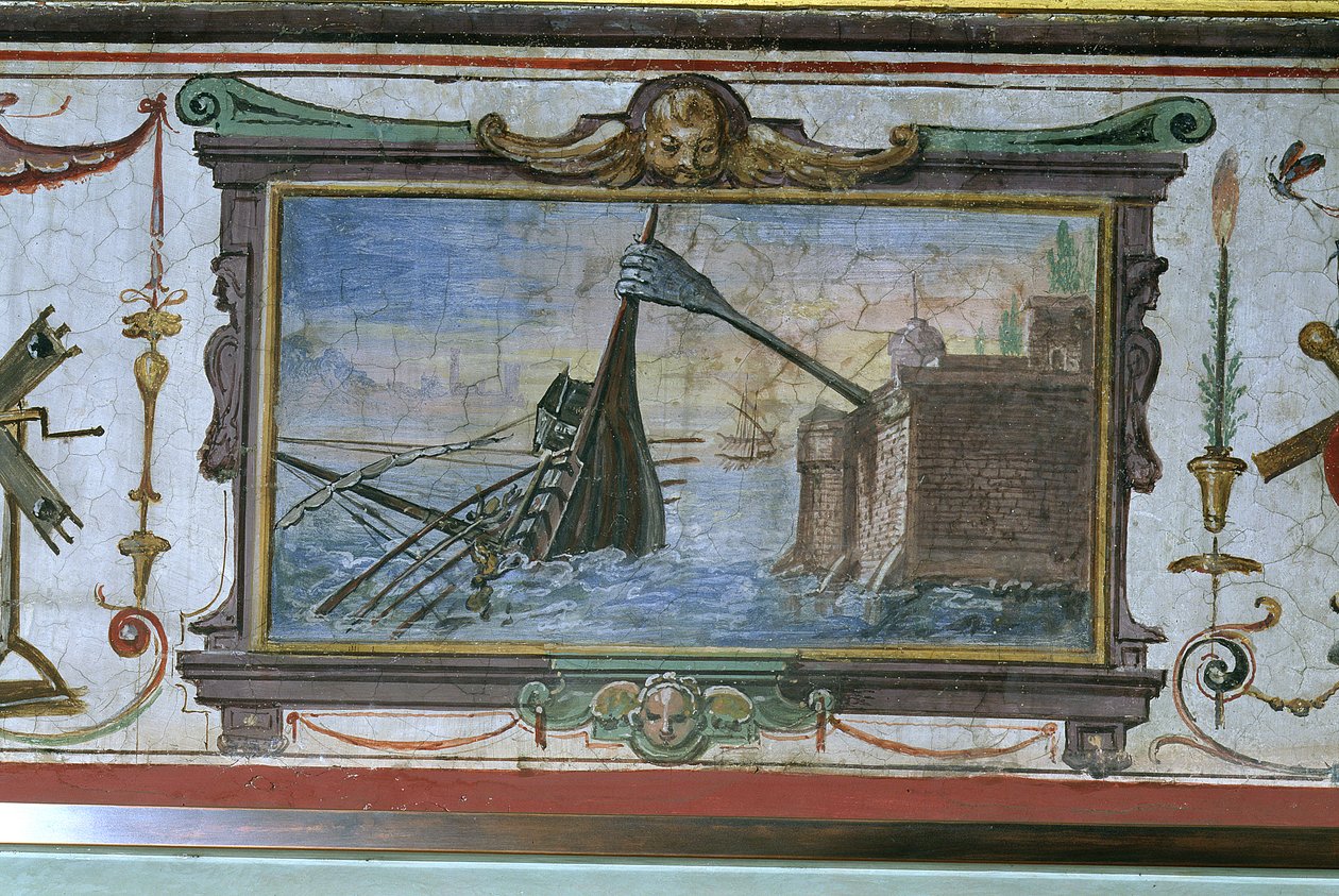 Ein Gerät, das Archimedes (ca. 287-12 v. Chr.) ermöglichte, ein Schiff an Land zu ziehen, Stanza della Mattematica, 1587-1609 von Giulio Parigi