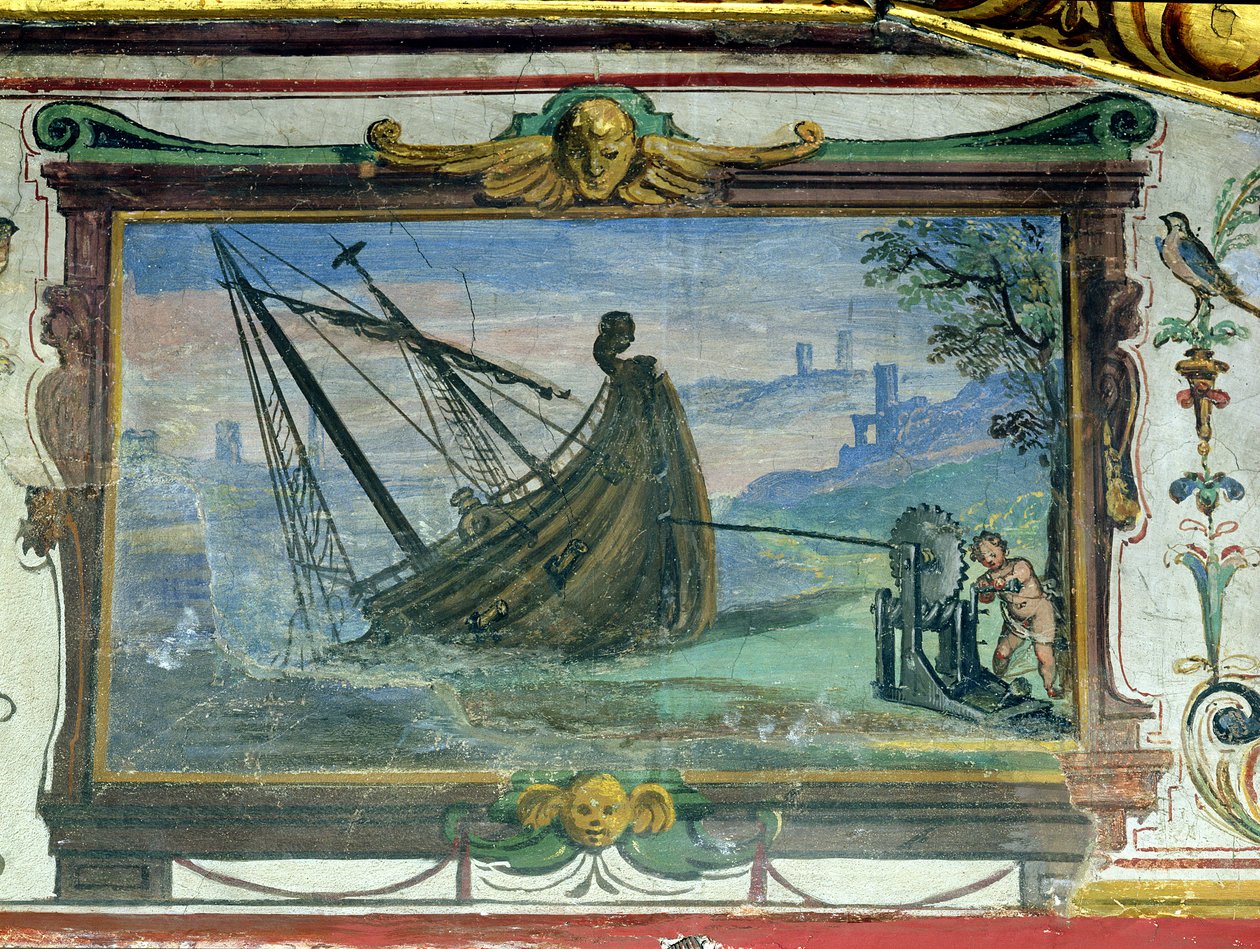 Eine endlose Schraube, die es Archimedes ermöglichte, ein Schiff an Land zu ziehen, Stanza della Mattematica, 1587-1609 von Giulio Parigi