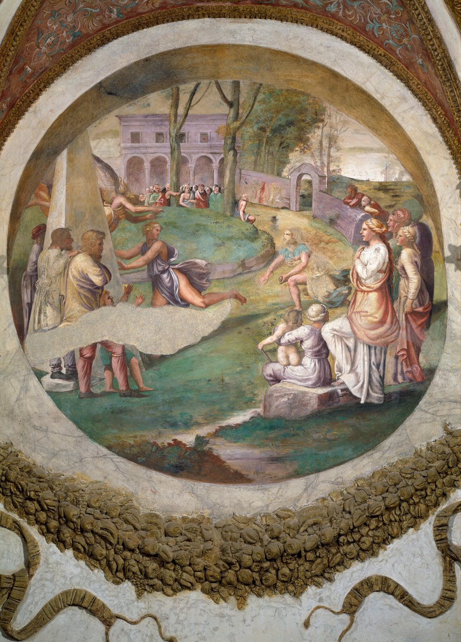 Szene, die zeigt, dass diejenigen, die unter dem Zeichen der Zwillinge in Verbindung mit dem Sternbild des Hasen geboren sind, eine Begabung zum schnellen Laufen haben, symbolisiert durch das Rennen zwischen Hippomenes und Atalanta von Giulio Romano