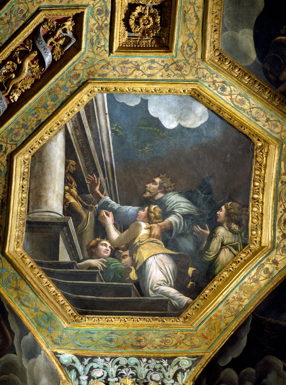 Bittende Figuren auf den Stufen eines großen Palastes, Deckenkaisson aus der Sala di Amore e Psiche, 1528 von Giulio Romano