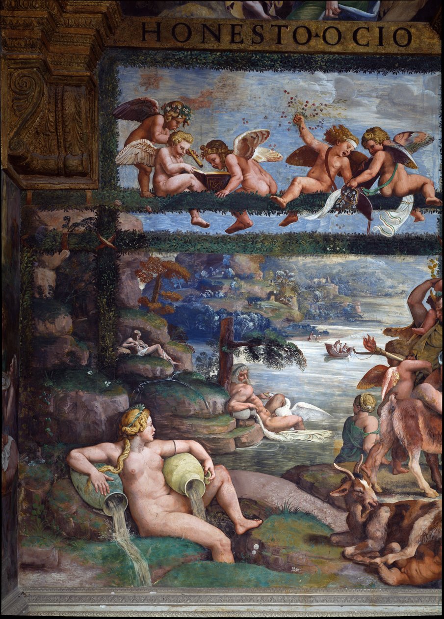 Das rustikale Bankett zur Feier der Hochzeit von Amor und Psyche, Detail mit Flussgöttern und Göttinnen von Giulio Romano