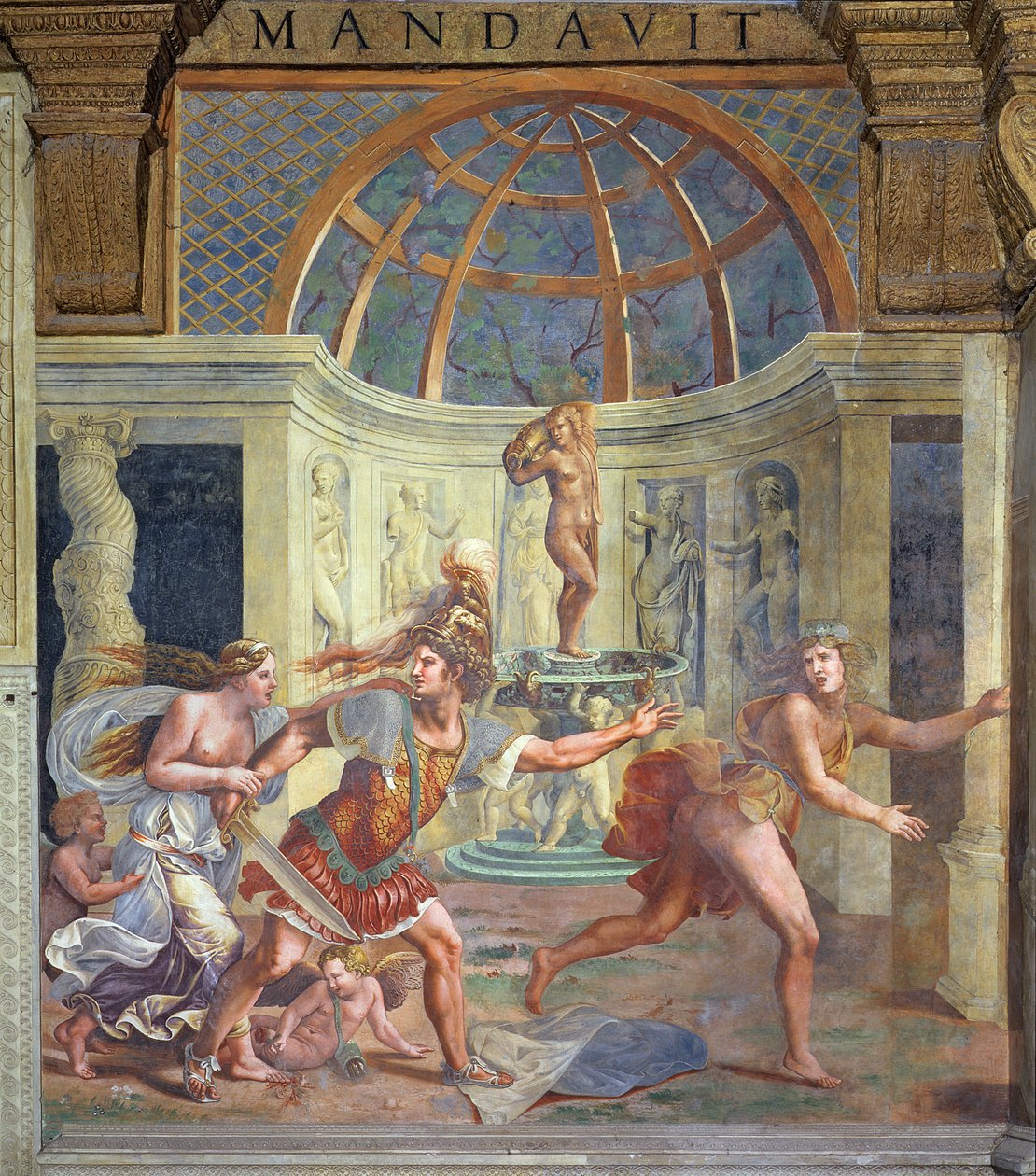 Venus, deren gestochenes Fuß die Blütenblätter einer Rose rot färbt, mit Mars, der Adonis mit einem ungezogenen Schwert verfolgt, aus der Sala di Amore e Psiche, 1528 von Giulio Romano