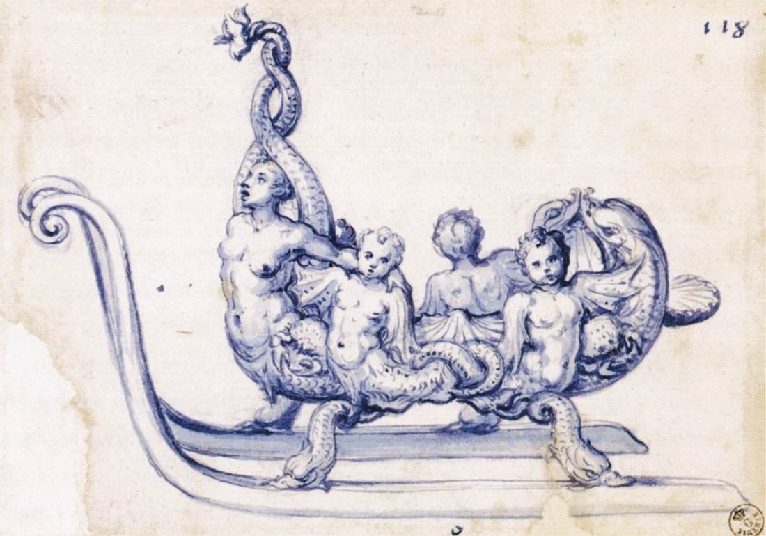 Skizze für einen Schlitten mit einer Sirene von Giuseppe Arcimboldo