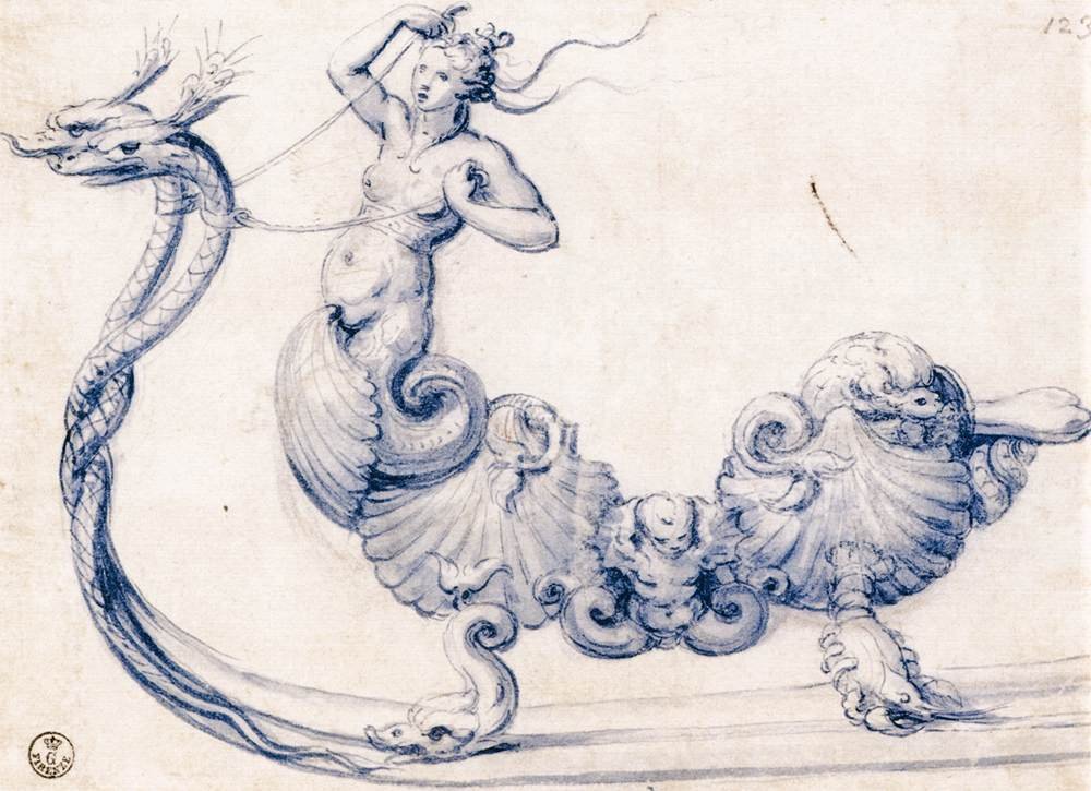 Skizze für einen Schlitten mit Sirenenfiguren von Giuseppe Arcimboldo