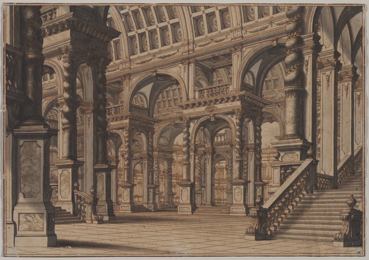 Monumentale gewölbte Halle mit Treppe von Giuseppe Galli Bibiena