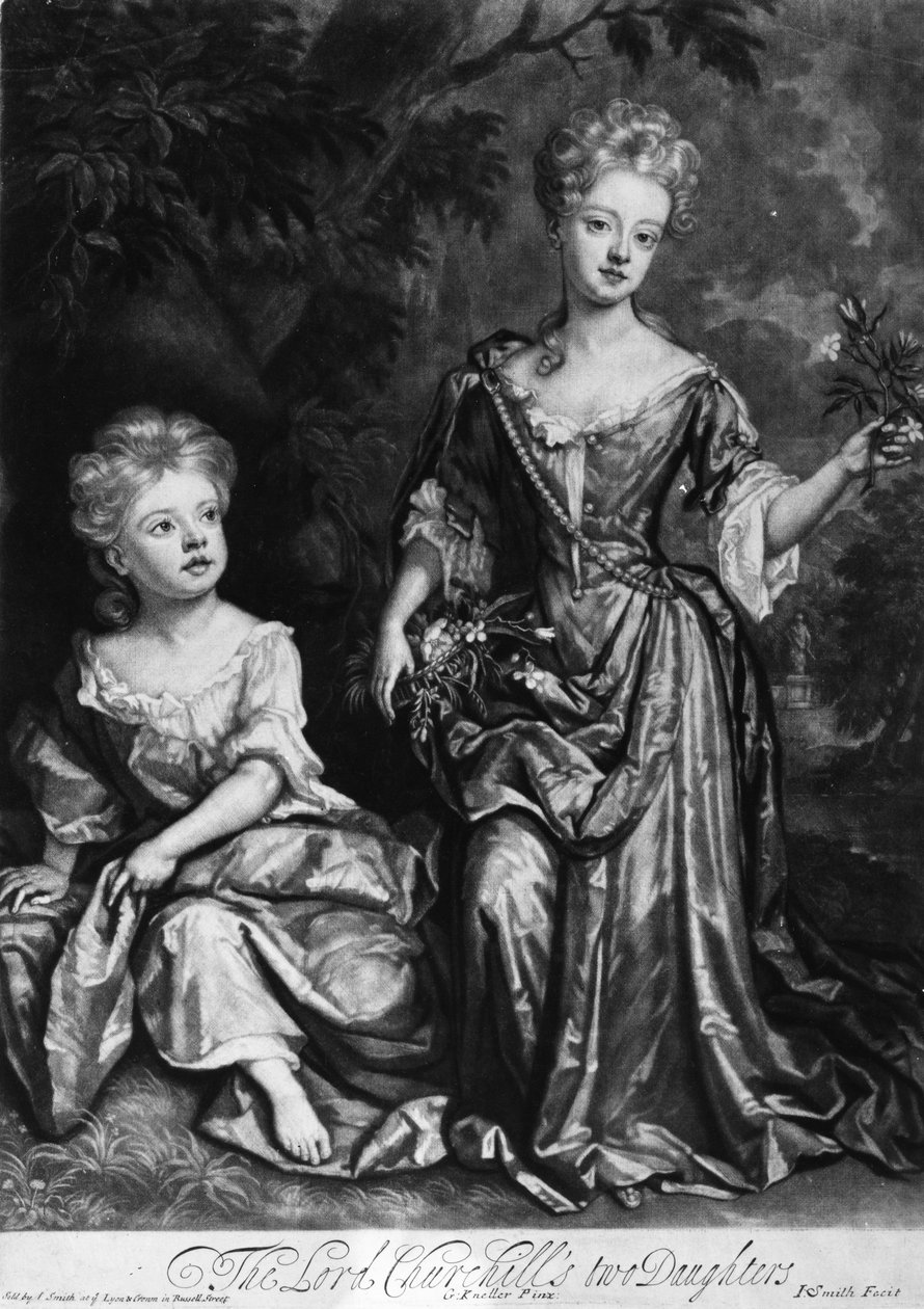 Die zwei Töchter von Lord Churchill, Mezzotinto von John Smith, ca. 1690 von Godfrey Kneller