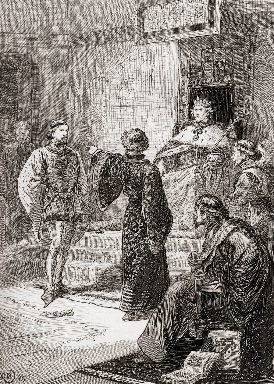 Szene aus William Shakespeares König Richard II., Akt I, Szene 1, Bolingbroke: Blasser zitternder Feigling, da werfe ich meinen Handschuh, aus Die Werke von William Shakespeare, veröffentlicht 1896 von Gordon Frederick Browne