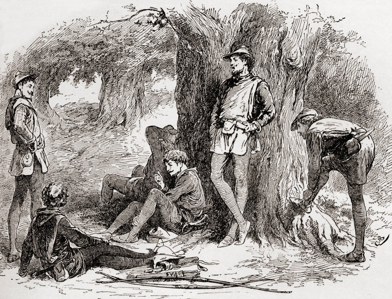 Szene aus William Shakespeares Stück Wie es euch gefällt, Akt II, Szene 5, Amiens: Unter dem grünen Baum, wer liebt es, mit mir zu liegen, und seine fröhliche Note den süßen Vogelstimmen zuzuwenden. Komm her, komm, aus Die Werke von William Shakespeare, ve von Gordon Frederick Browne