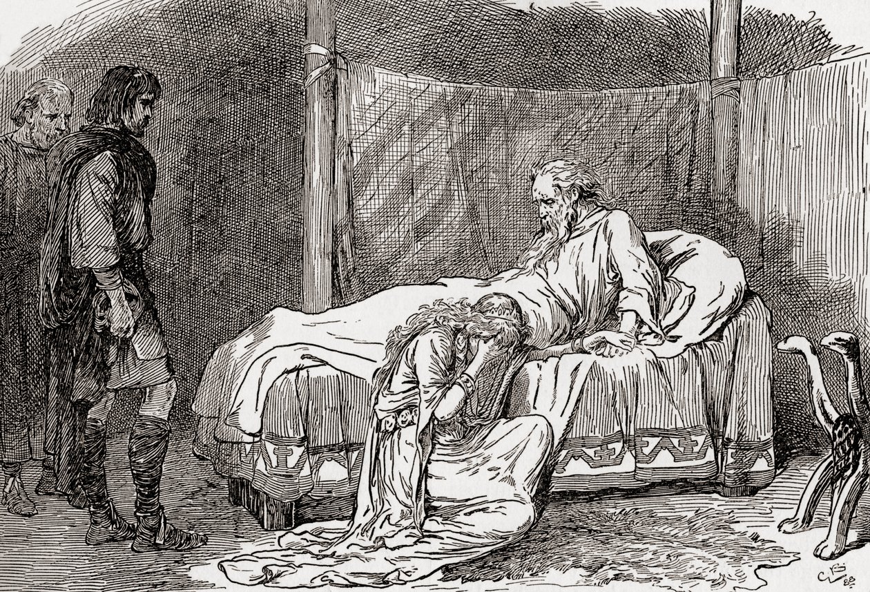 Eine Szene aus William Shakespeares Stück König Lear, Akt IV, Szene 7, Lear: Ich bitte dich, weine nicht. Wenn du Gift für mich hast, werde ich es trinken. Ich weiß, dass du mich nicht liebst, denn deine Schwestern haben, wie ich mich erinnere von Gordon Frederick Browne