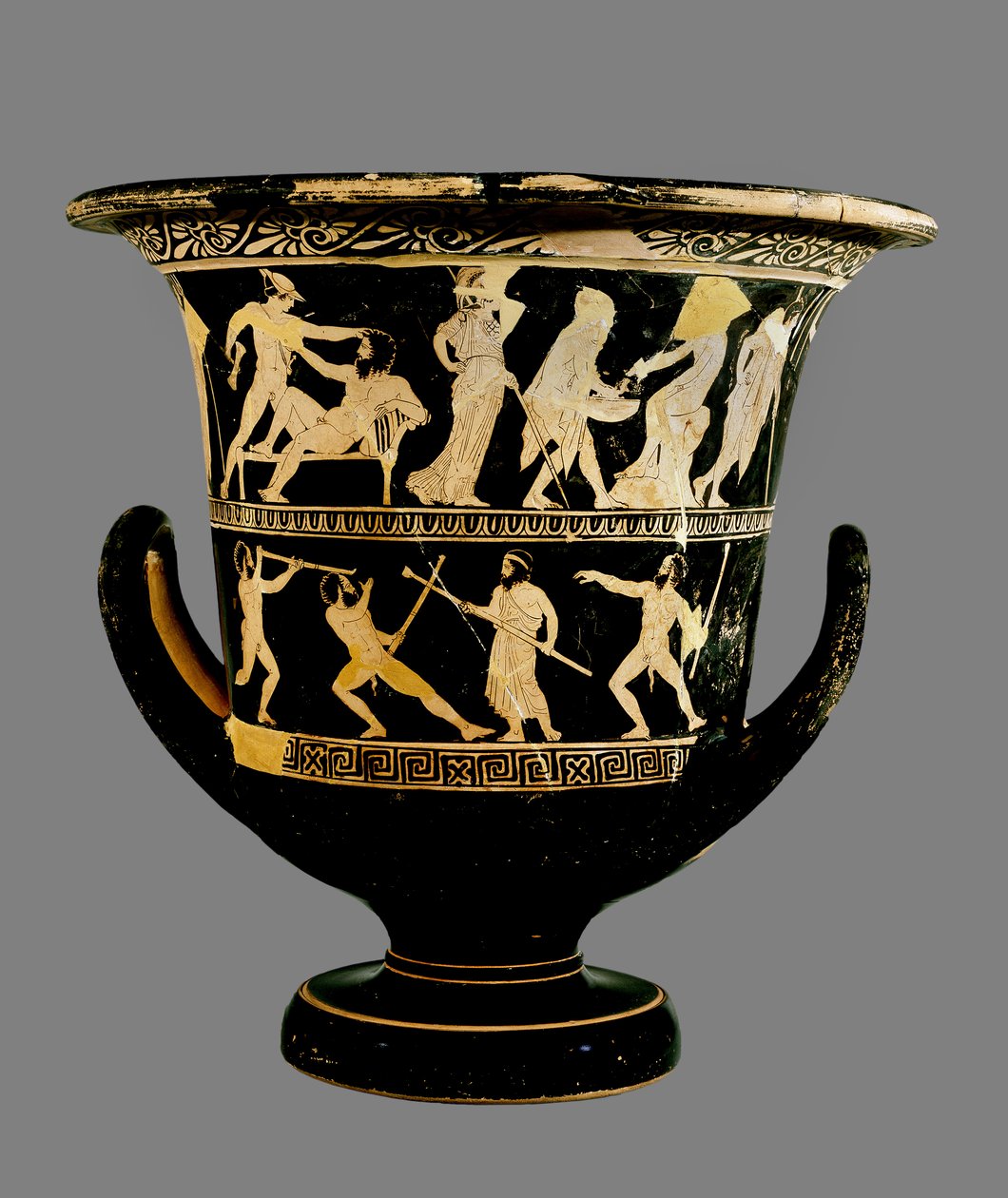 Attisch rotfiguriger Kalix-Krater mit zwei übereinander liegenden Bildfriesen, die das Leben des Theseus oben und Prometheus, Satyrn und andere Figuren unten zeigen, 425 v. Chr. (Keramik) von Greek