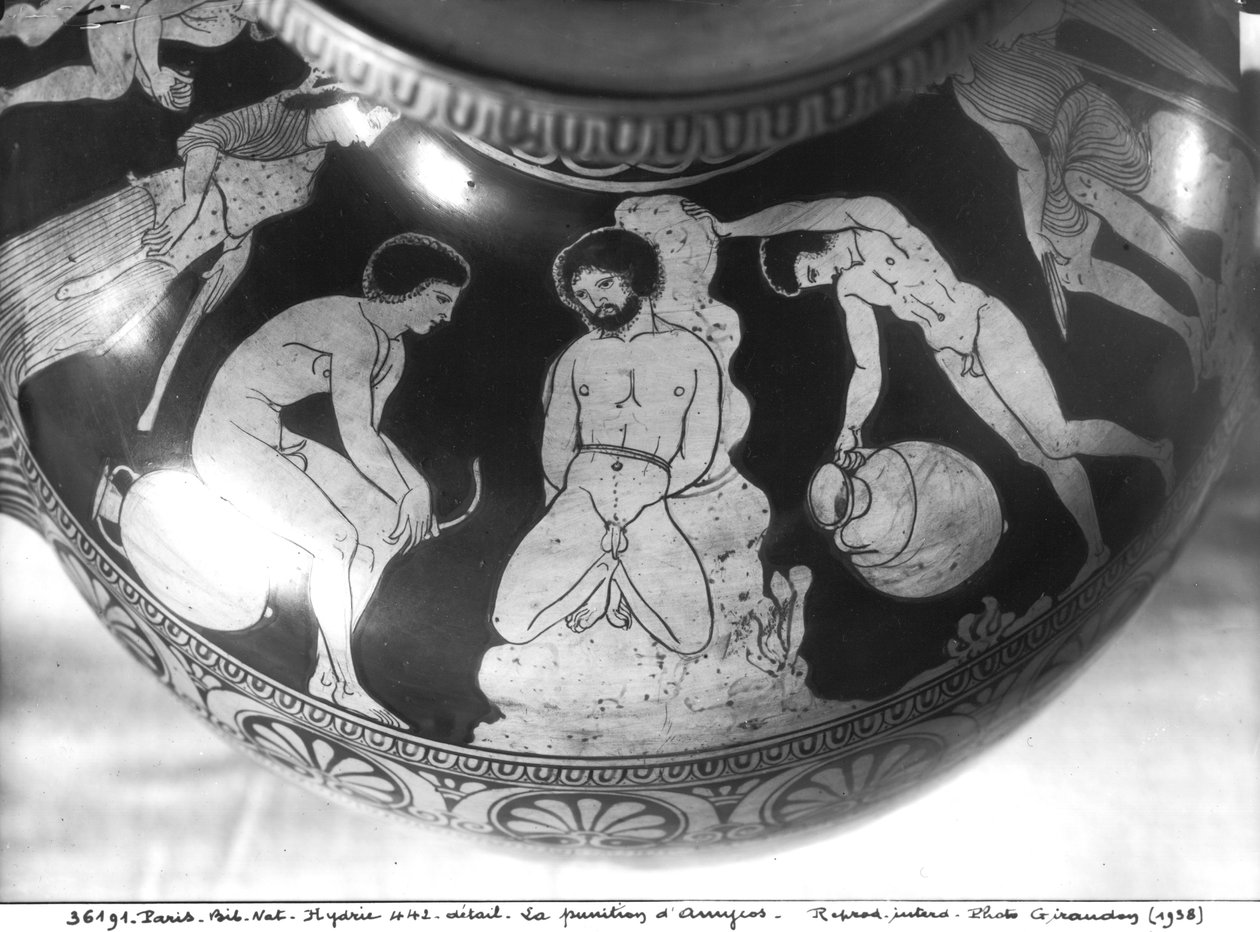 Rotfigurige Hydria, die Bestrafung von Amycus darstellend, 700-480 v. Chr. von Greek
