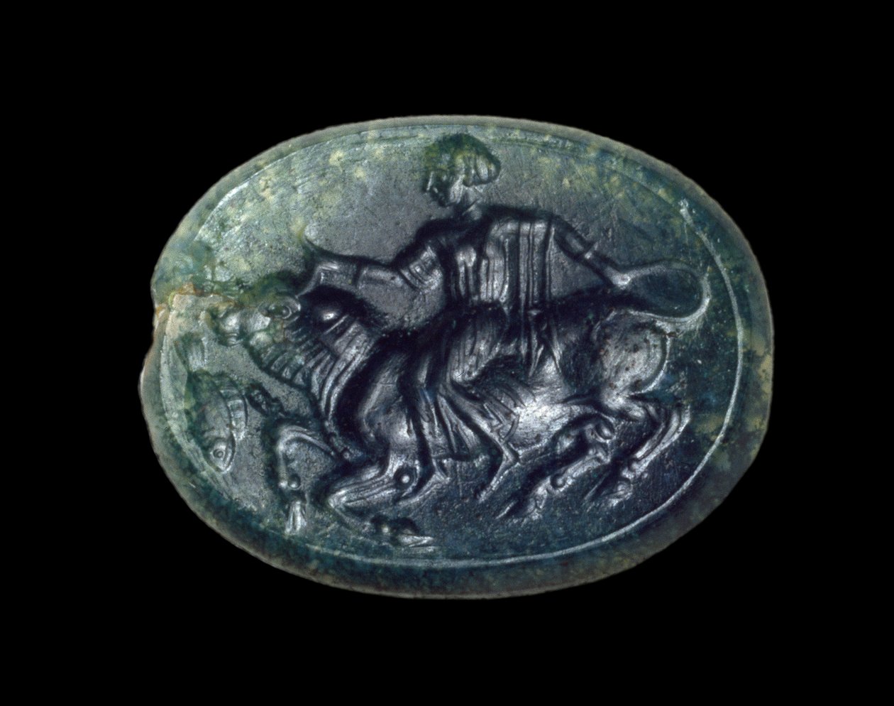 Skarabäus, der Europa und den Stier darstellt, griechisch aus Zypern, spätarchaisch (Jade) von Greek