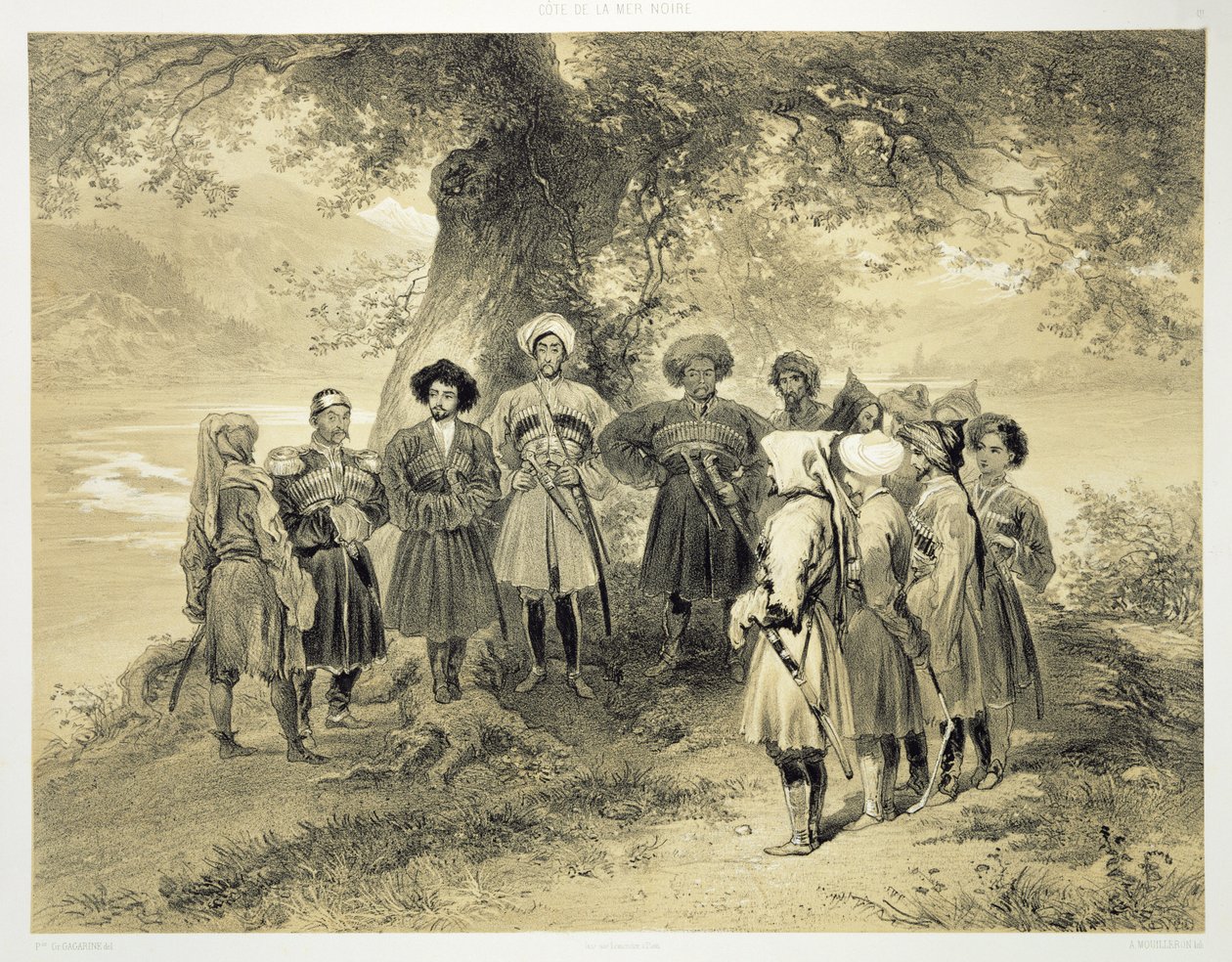 Wiedersehen der Tscherkessen-Prinzen, Sodja-Tal, am Schwarzen Meer, Tafel 3 aus einem Buch über den Kaukasus, graviert von Adolphe Mouilleron (1820-81), veröffentlicht von Alfred Leon Lemercier, Paris, 1847 von Grigori Grigorevich Gagarin