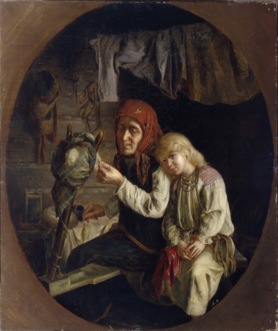 Spinnunterricht, 1859 von Grigori Grigoryevich Myasoedov