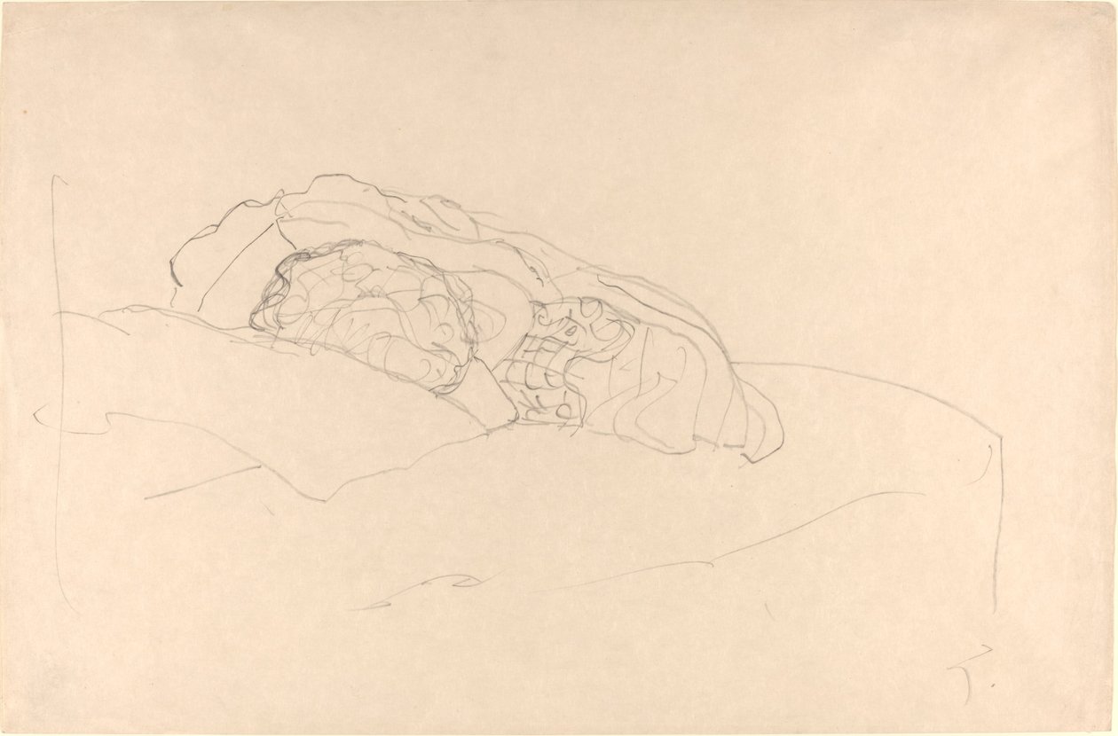 Zusammengerolltes Mädchen auf Bett von Gustav Klimt