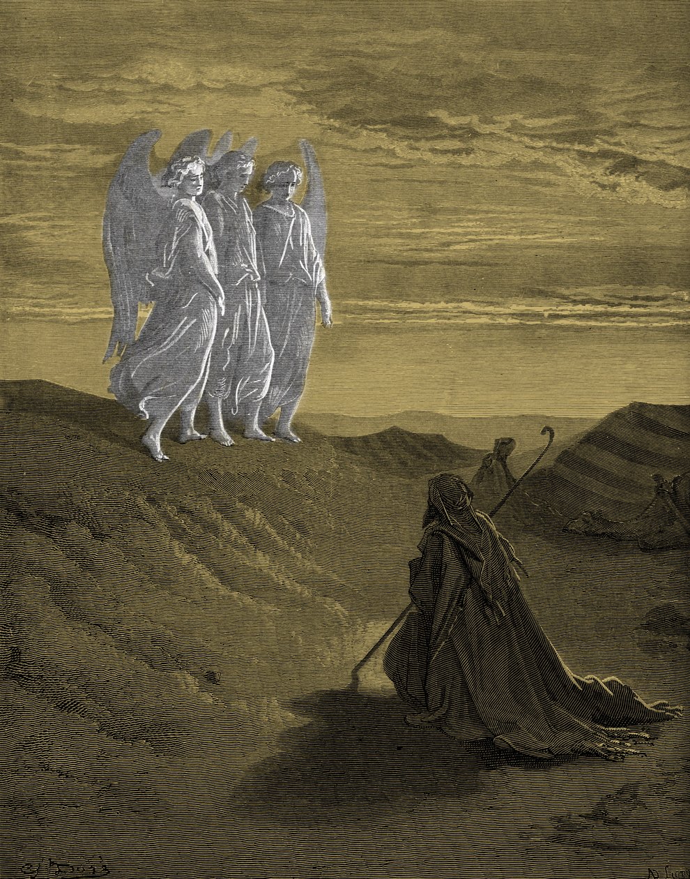 Abraham und die drei Engel, Gravur von Doré - Bibel von Gustave Dore