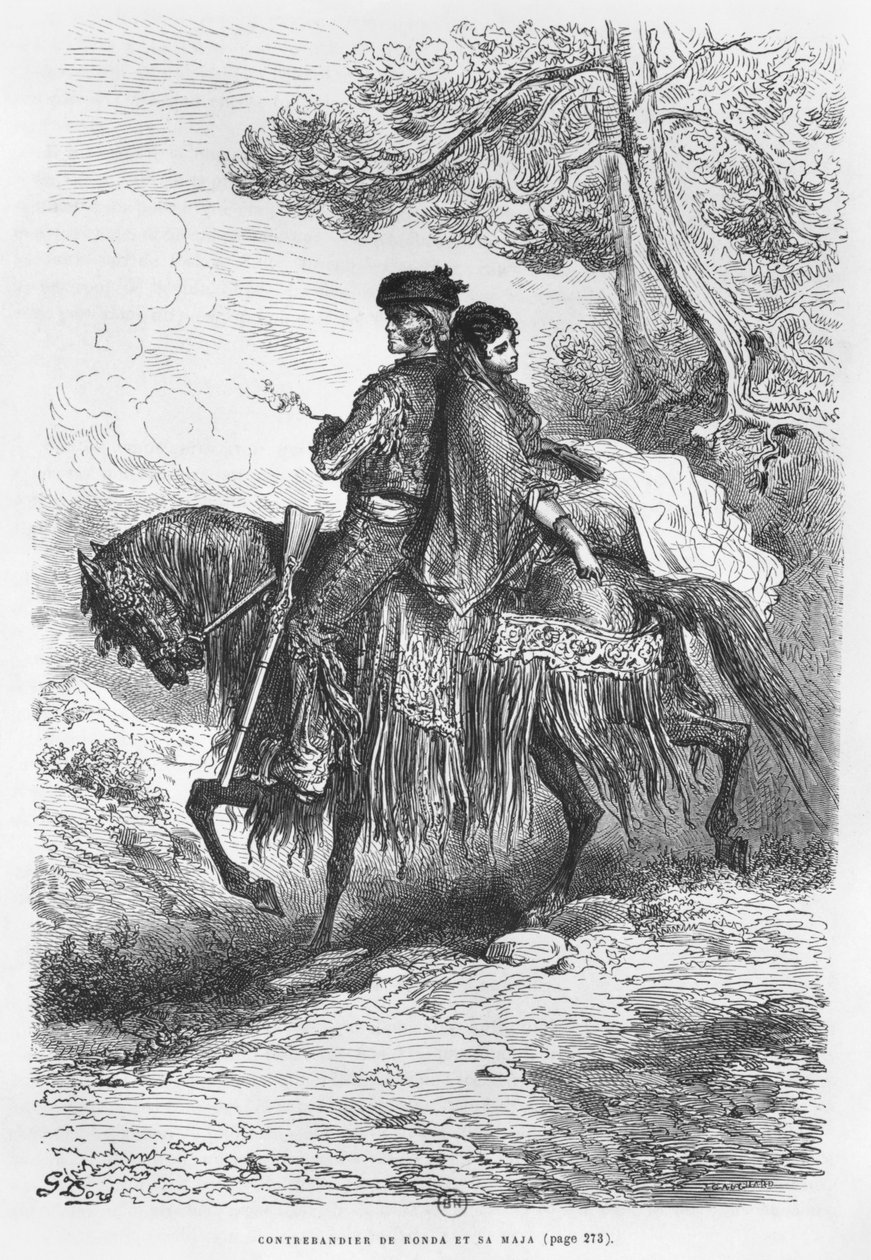 Spanischer Schmuggler von Ronda und seine Maja, graviert von Felix Jean Gauchard (1825-72) von Gustave Dore