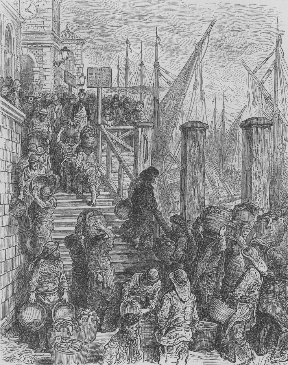 Fischentladung in Billings-Gate von Gustave after Dore