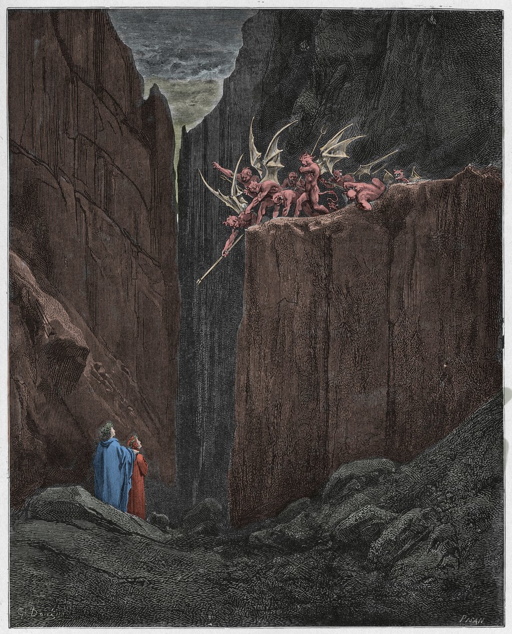 Inferno, Gesang 23: Die Dichter entkommen den Dämonen der fünften Bolgia (Illustration aus Die Göttliche Komödie von Dante Alighieri, 1885) von Gustave after Dore