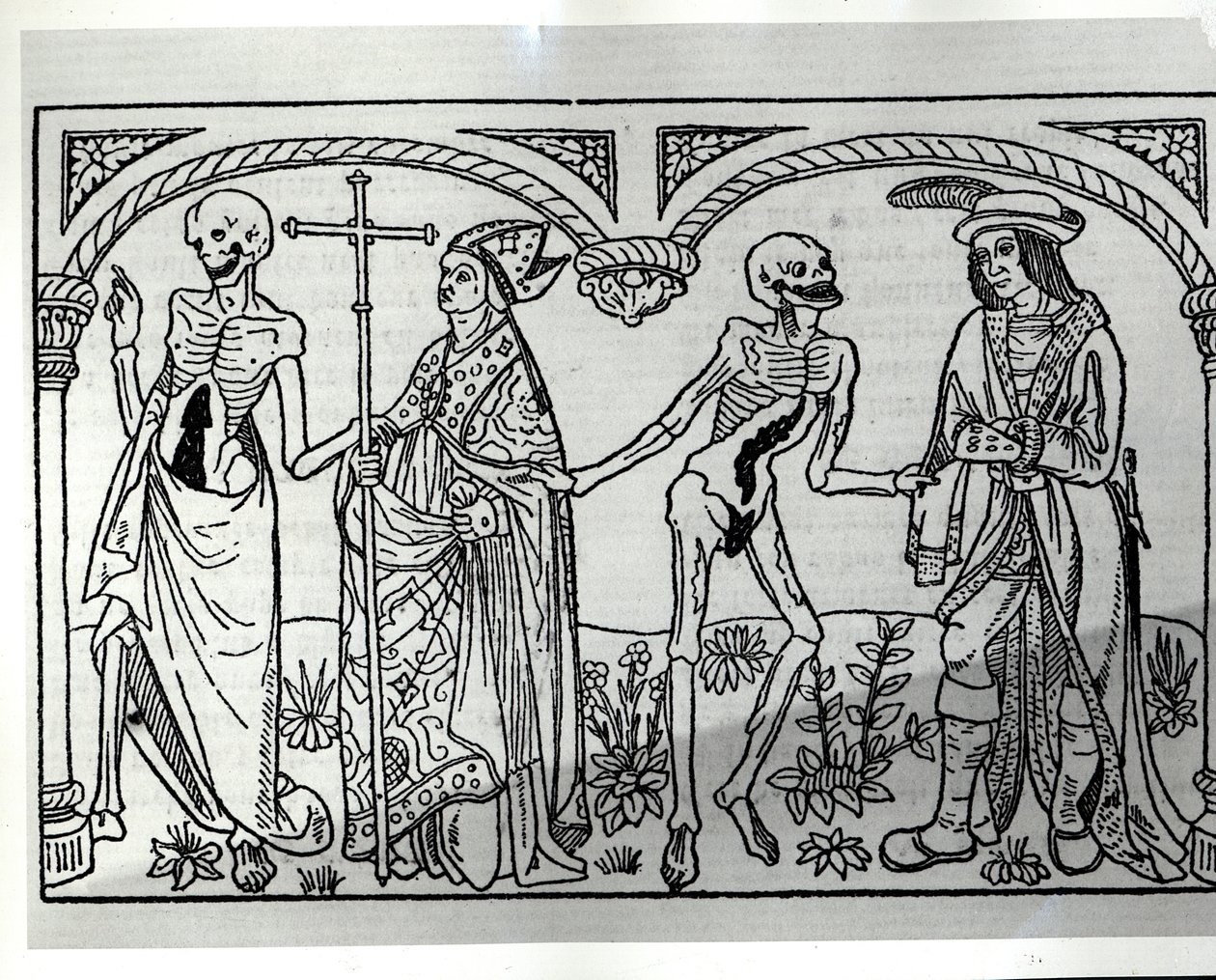 Der Tod holt den Bischof und den Edelmann, aus der Danse Macabre, veröffentlicht in Paris, 1485 von Guy Marchant