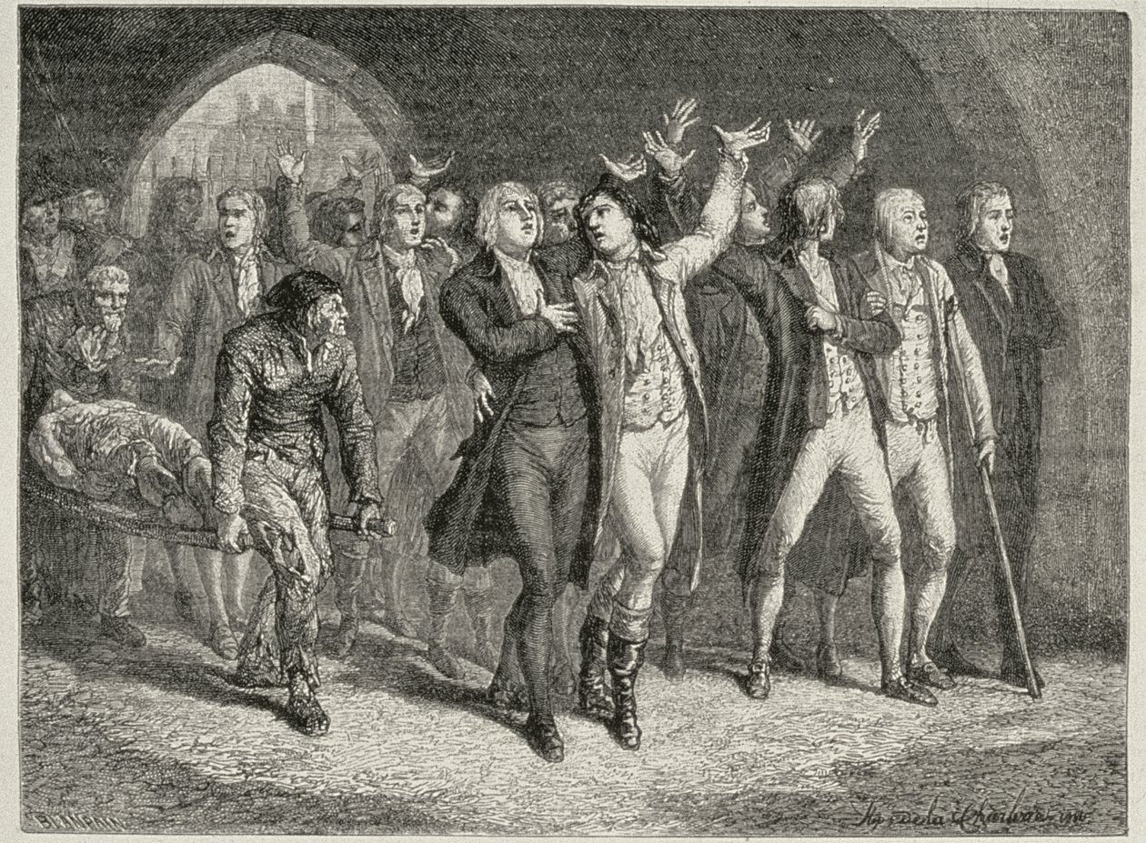 Die Girondisten verlassen das Revolutionstribunal, graviert von Blanpain von H. de la Charlerie