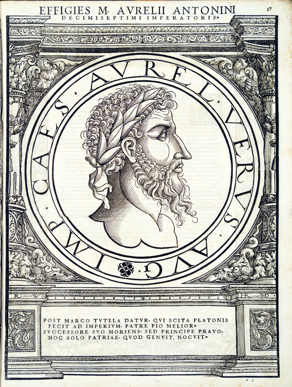 Lucius Verus, Illustration aus Imperatorum romanorum omnium orientalium et occidentalium verissimae imagines ex antiquis numismatis von Hans Rudolf Manuel Deutsch