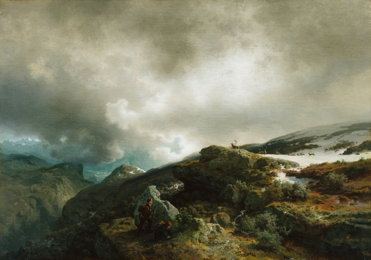 Hochgebirgslandschaft mit Rentierjägern von Hans Gude