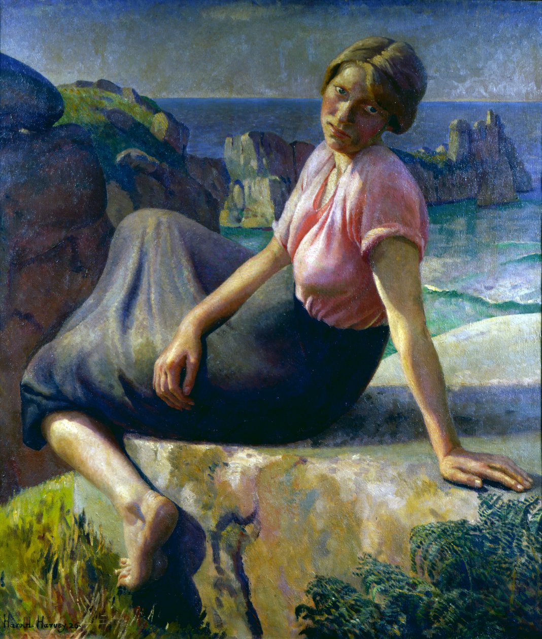 Mädchen auf einer Klippe von Harold Harvey