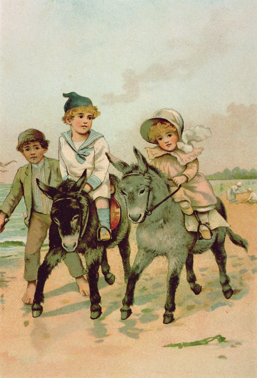 Kinder reiten Esel am Strand von Harriet M. Bennett