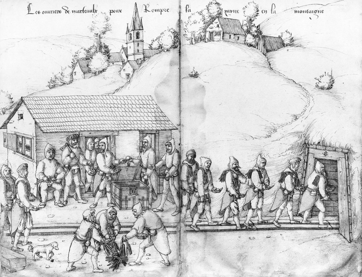 Silbermine von La Croix-aux-Mines, Lothringen, fol.9v und fol.10r, Bergleute und ihre Hämmer, ca. 1530 von Heinrich Gross or Groff