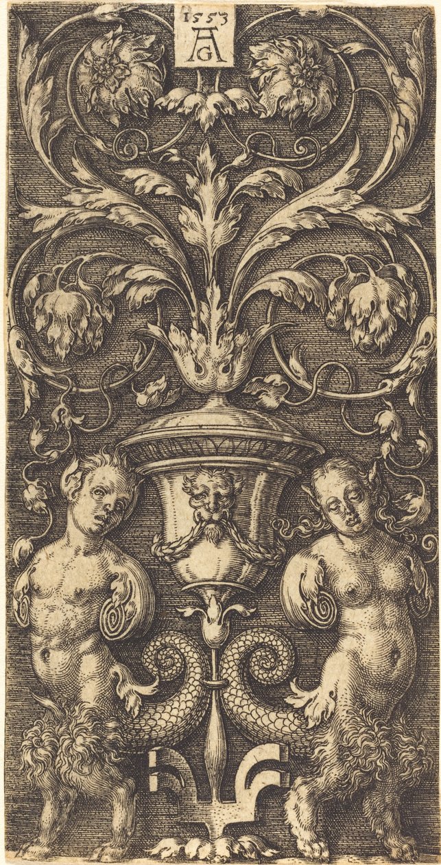 Ornament mit Vase und zwei weiblichen Figuren von Heinrich Aldegrever