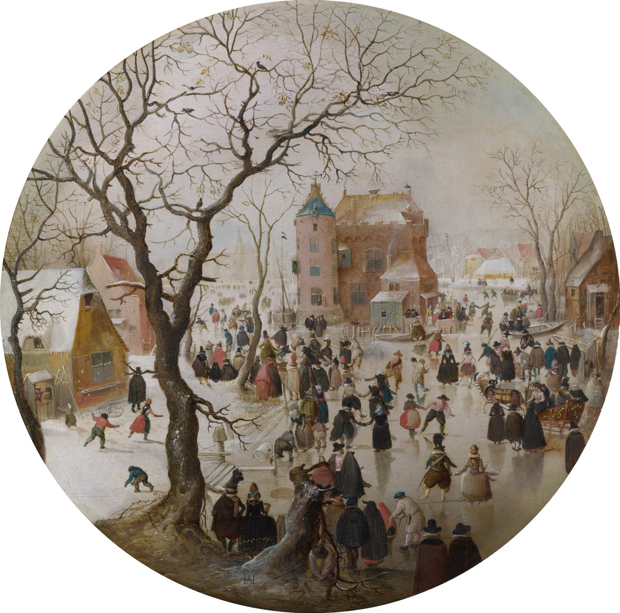 Eine Winterszene mit Schlittschuhläufern in der Nähe eines Schlosses von Hendrick Avercamp