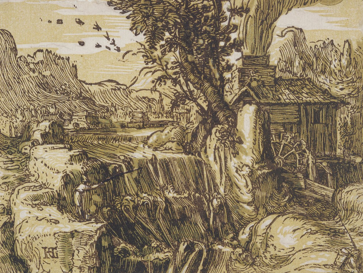 Landschaft mit einem Wasserfall von Hendrik Goltzius