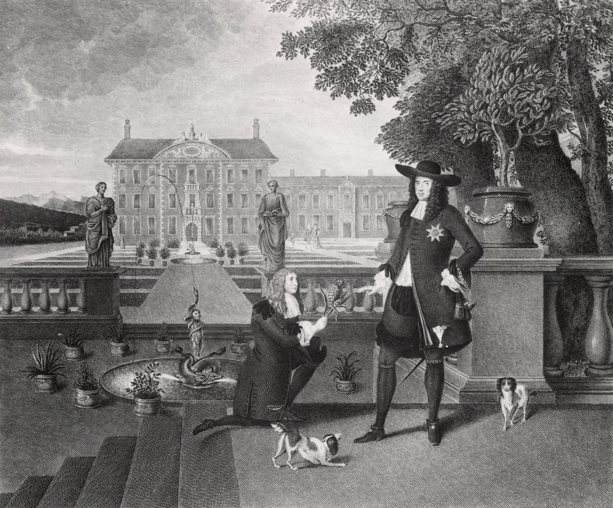 John Rose (ca. 1621-77), der Gärtner des Königs, präsentiert Karl II. (1630-85) die erste in England gezüchtete Ananas, in Dorney Court, ca. 1670 von Hendrick Danckerts