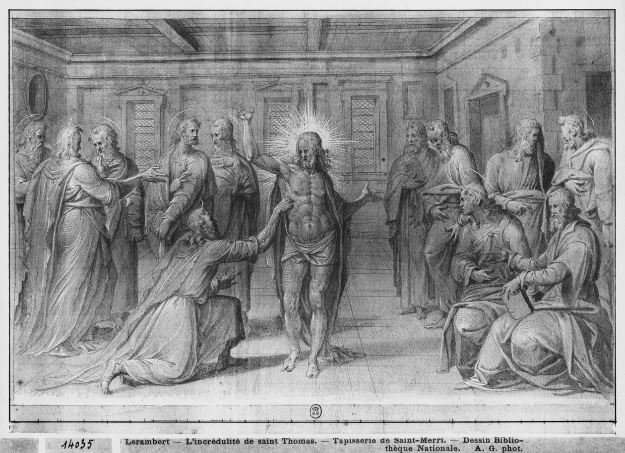 Leben Christi, Ungläubigkeit des Heiligen Thomas, vorbereitende Studie für den Wandteppichentwurf für die Kirche Saint-Merri in Paris, um 1585-90 von Henri Lerambert