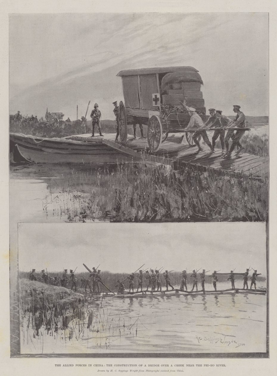 Die Alliierten Streitkräfte in China, der Bau einer Brücke über einen Bach in der Nähe des Pei-ho-Flusses von Henry Charles Seppings Wright