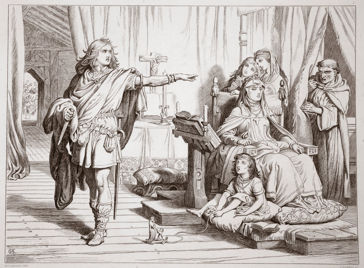 Herewards Gespräch mit seiner Mutter und dem Priester Herluin, Illustration aus Hereward the Great von Charles Kingsley, veröffentlicht 1870, graviert von C.G. Lewis von Henry Courtney Selous