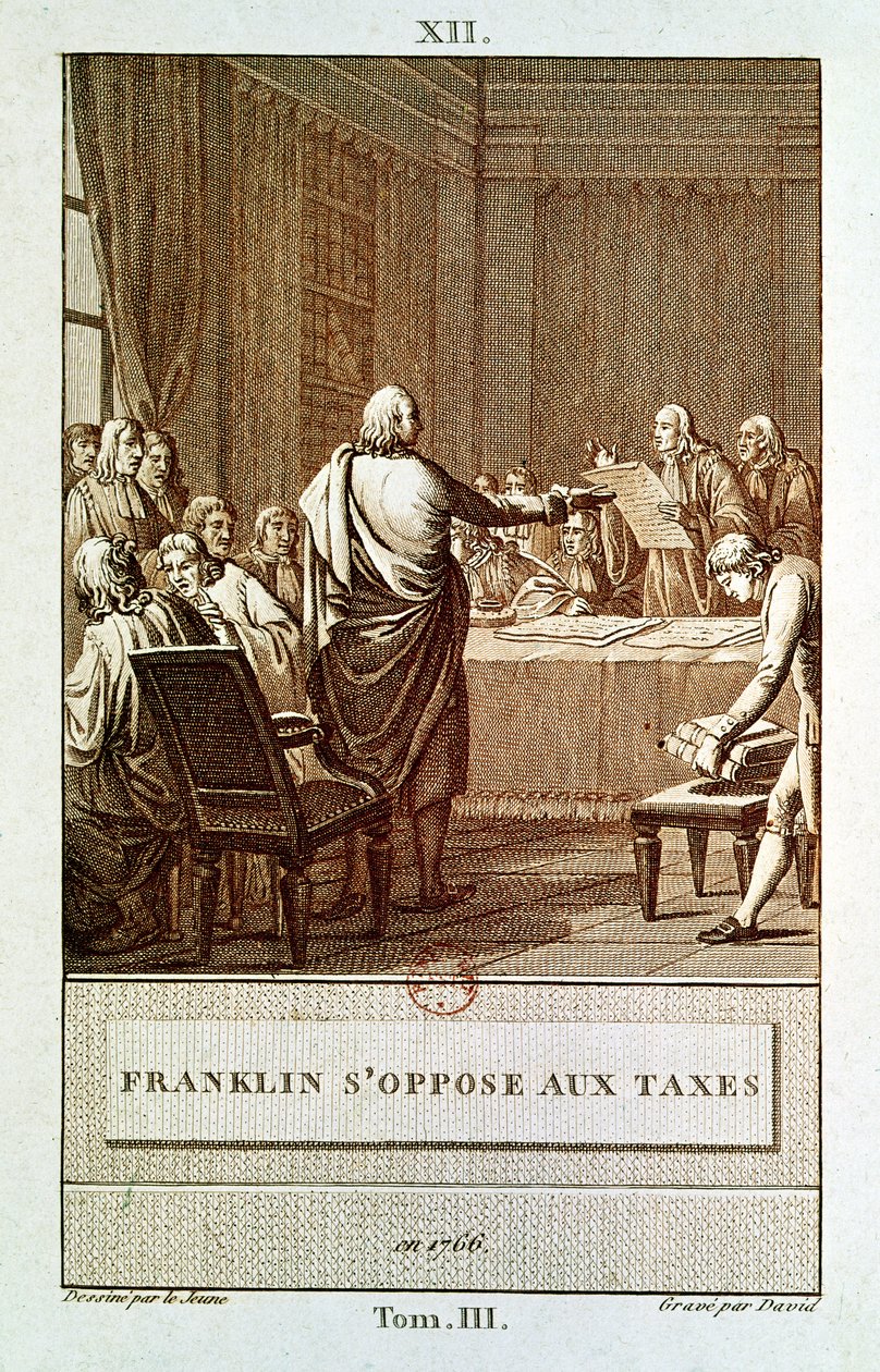 Benjamin Franklin präsentiert seinen Widerstand gegen die Steuern im Jahr 1766, graviert von David von Henry Le Jeune