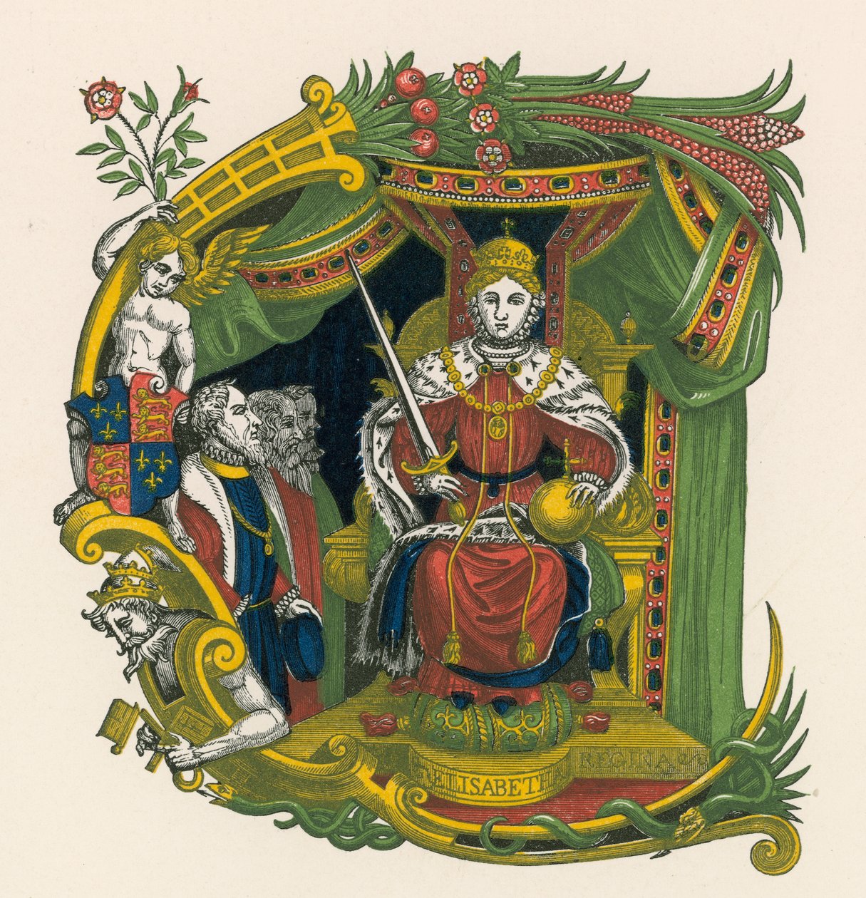 Ornamentaler Buchstabe E, mit Porträt von Königin Elisabeth I. von Henry Shaw