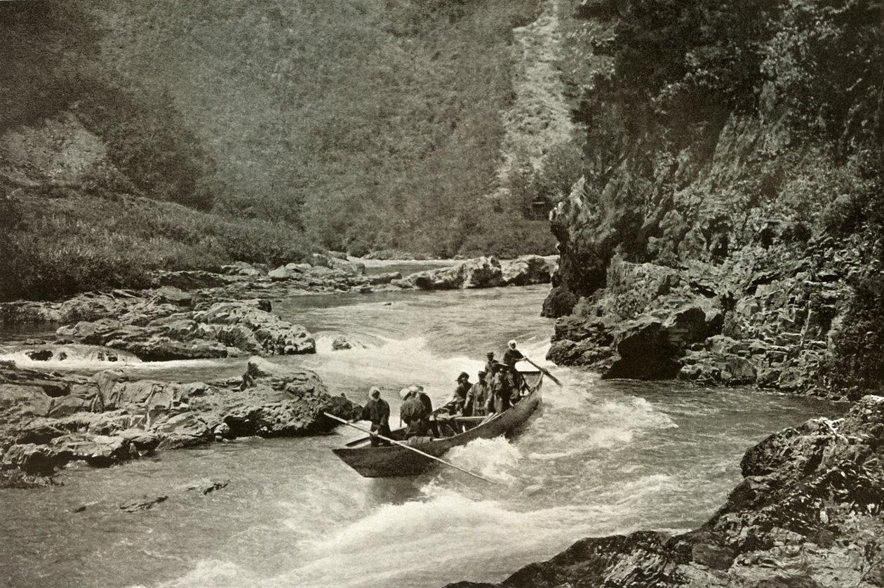 Die Stromschnellen des Katsura-Gawa hinunterfahren, 1910 von Herbert Ponting