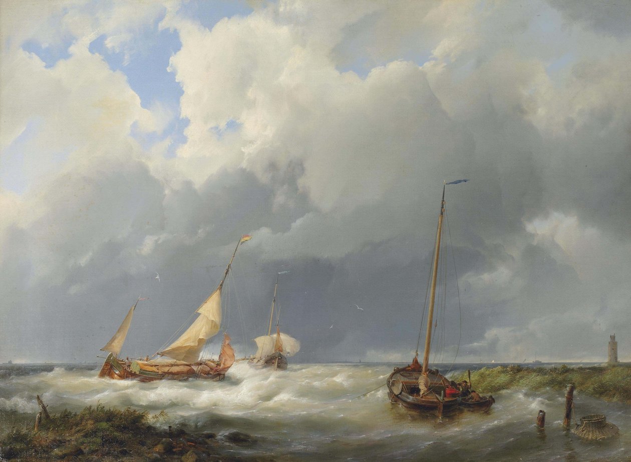 Küstenlandschaft mit Fischerbooten von Hermanus Koekkoek